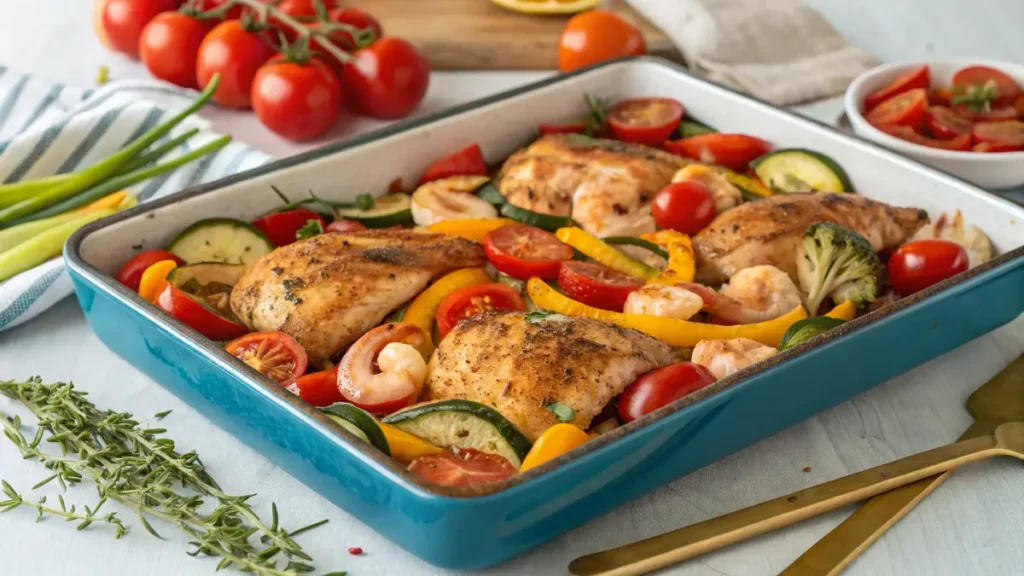 Sheet pan with roasted chicken, shrimp, and vegetables