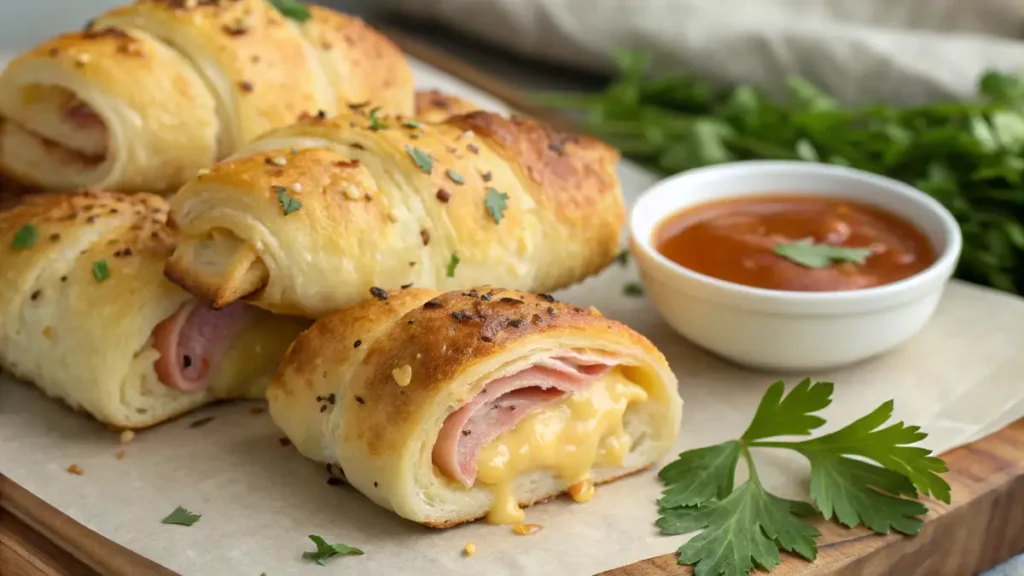 A close-up shot of ham and cheese crescent rolls on a rustic wooden board.