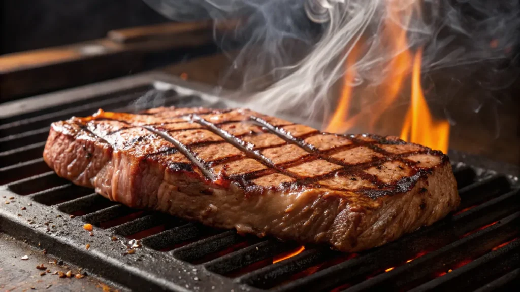 Flat iron steak grilling over open flames with visible smoke and grill marks.