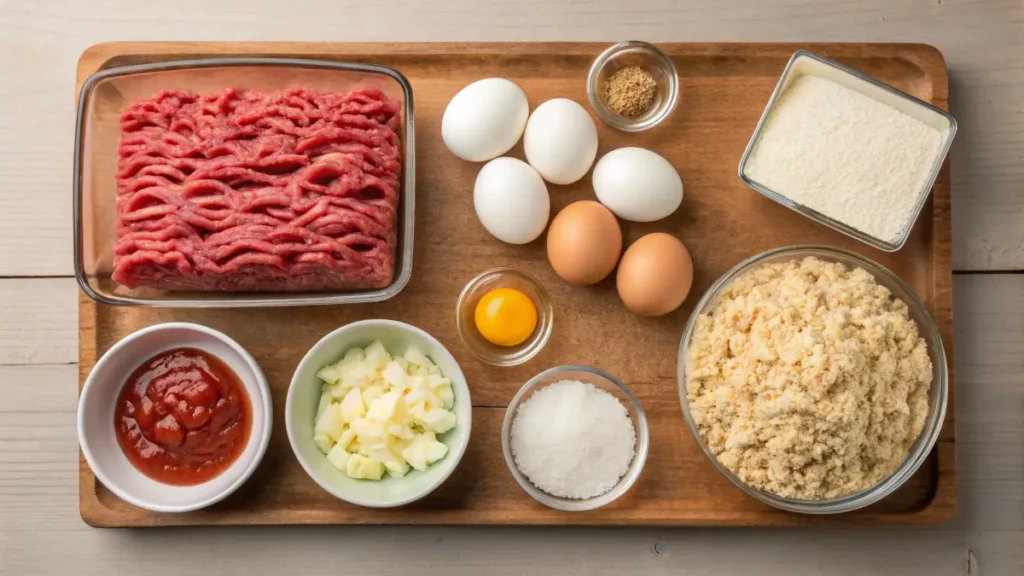 Key ingredients for making a juicy meatloaf, including ground beef and fresh vegetables.