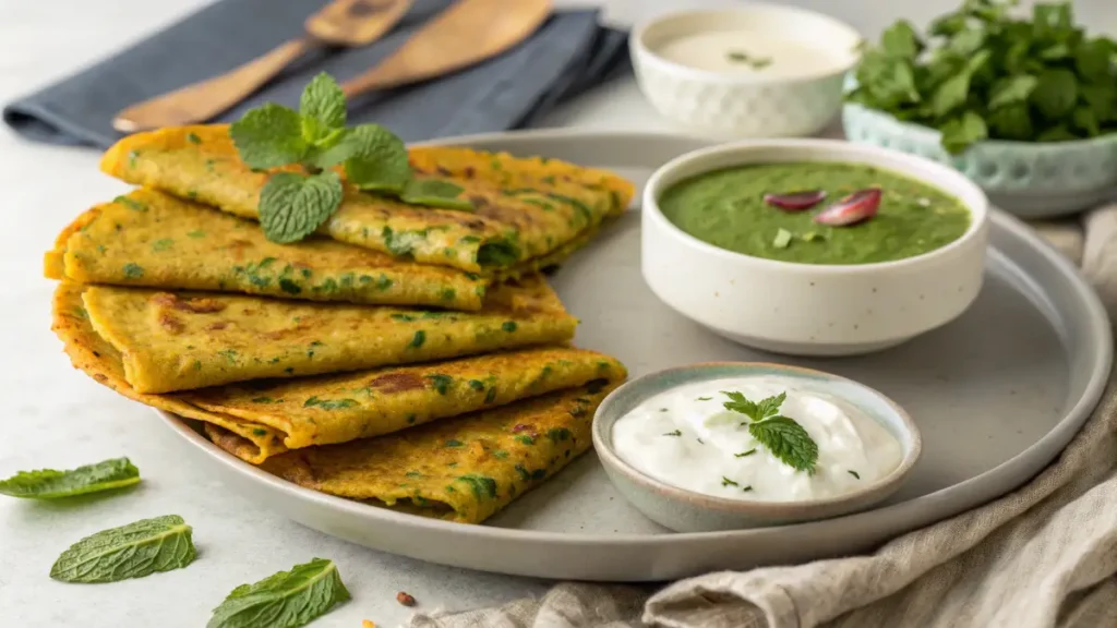 "A plate of methi thepla served with a side of mint chutney and curd."