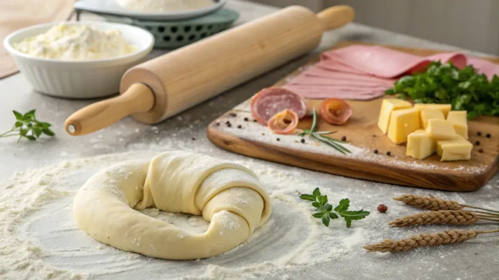 rolling crescent dough on a floured surface.