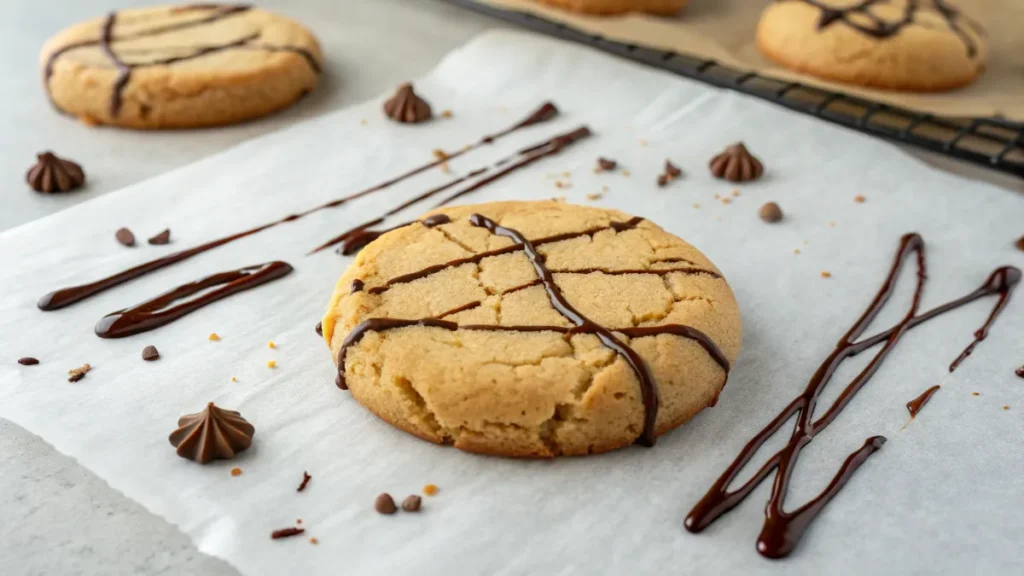 Homemade Crumbl-style cookie with chocolate drizzles and a golden-brown crust.