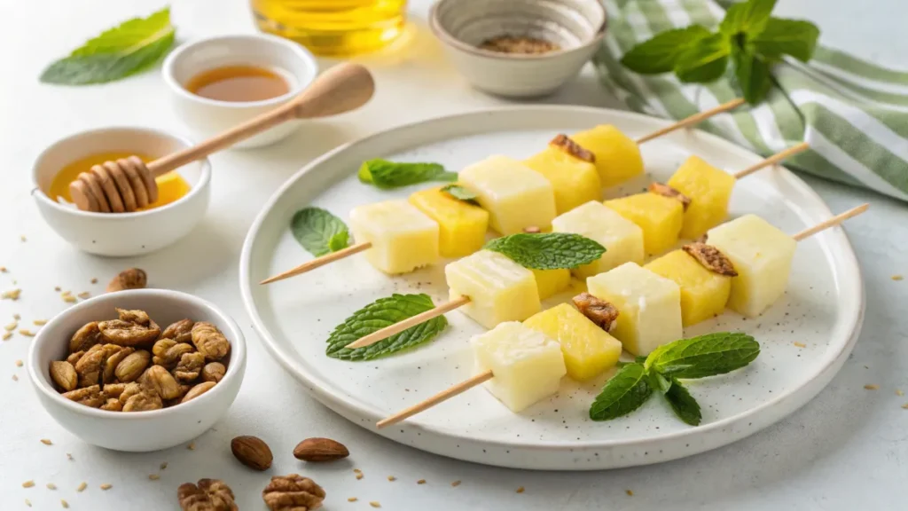 Pineapple and cheese skewers arranged beautifully on a white plate with mint sprigs.