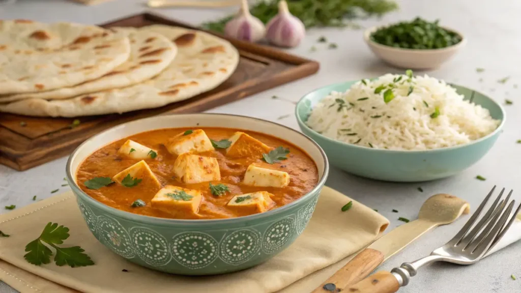 Paneer butter masala served with garlic naan and jeera rice.