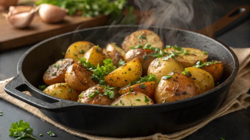 Garlic and herb marble potatoes in a skillet