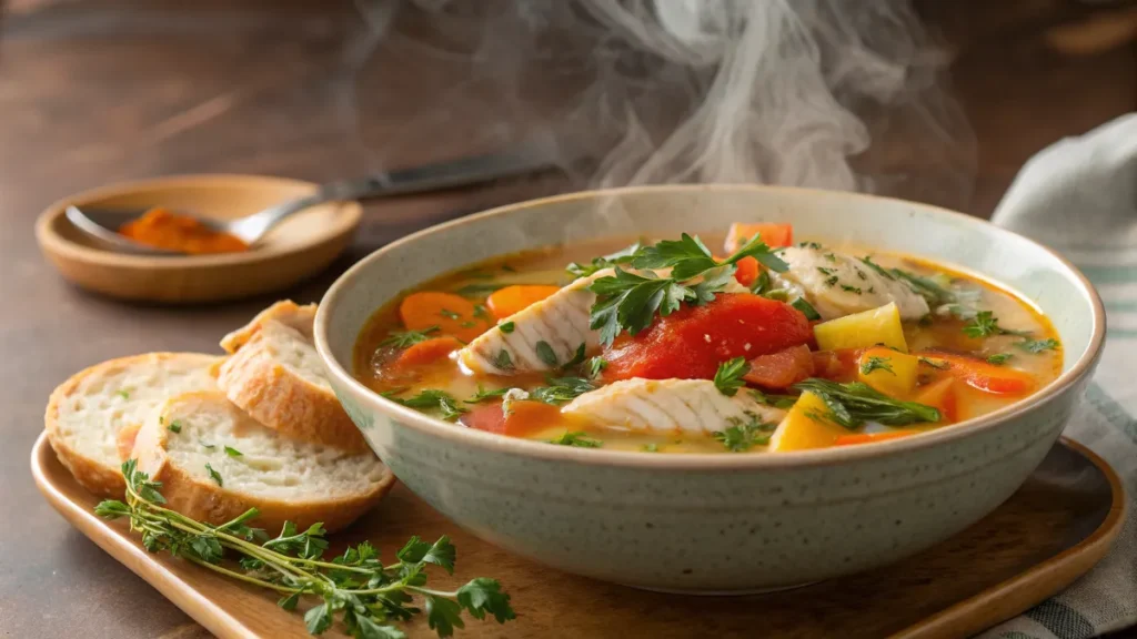 A creative meal using leftover fish and vegetables turned into a hearty soup.