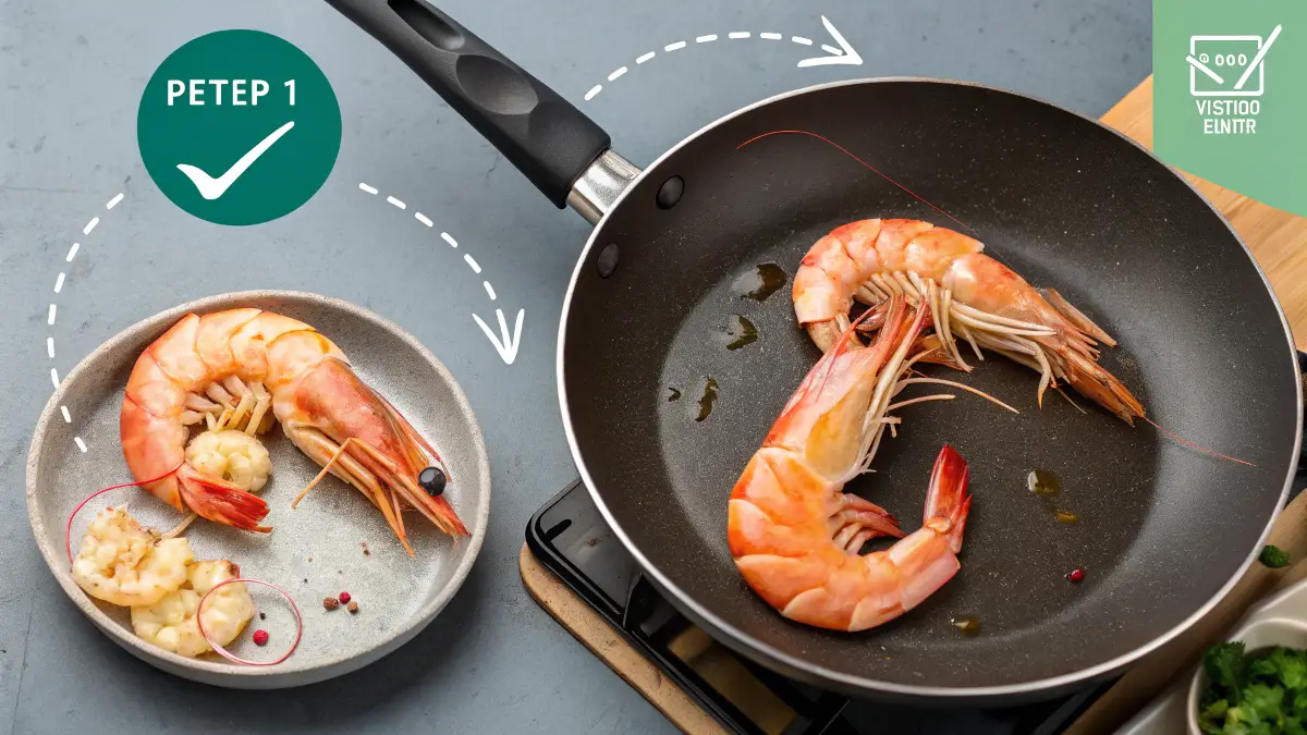 Comparison of properly cooked shrimp and overcooked rubbery shrimp in a pan