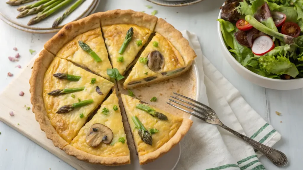 A vegetarian mushroom and asparagus quiche made with crescent roll dough.