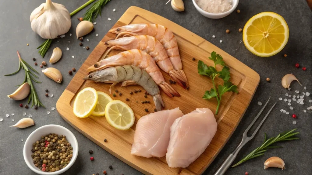 Fresh raw chicken and shrimp with seasonings on a wooden board