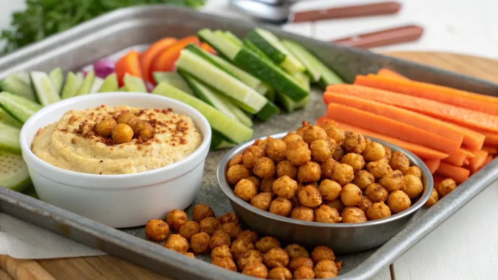 Roasted chickpeas and hummus with fresh vegetables