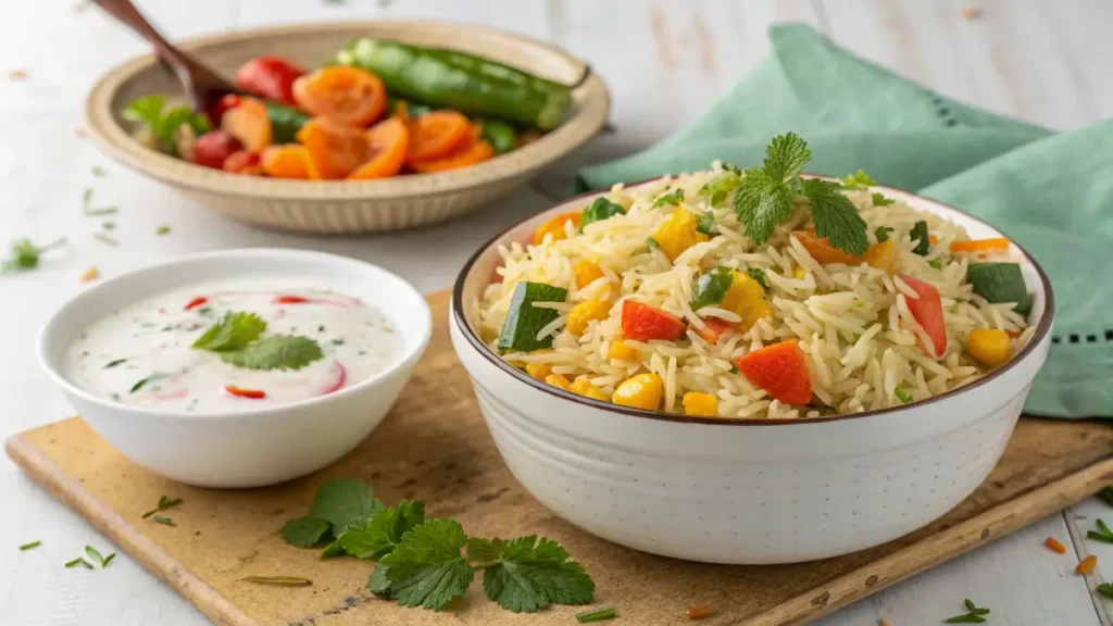 "A bowl of vegetable pulao with a side of fresh raita."