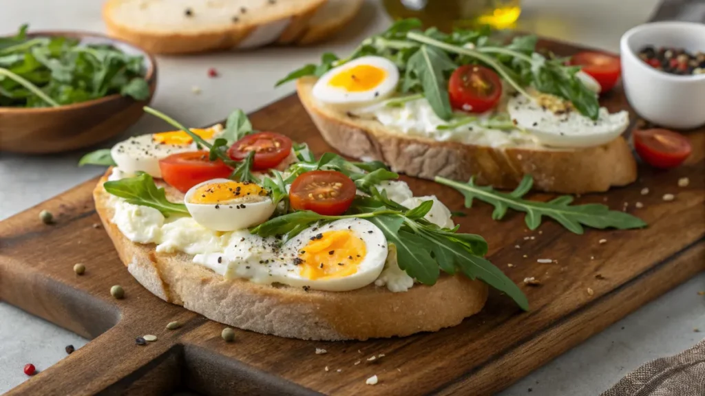 An open-faced eggs and ricotta sandwich topped with fresh arugula, cherry tomatoes, and a drizzle of olive oil.