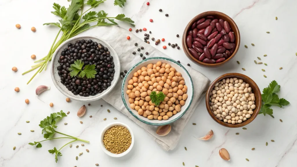 Assorted types of beans in bowls on a countertop