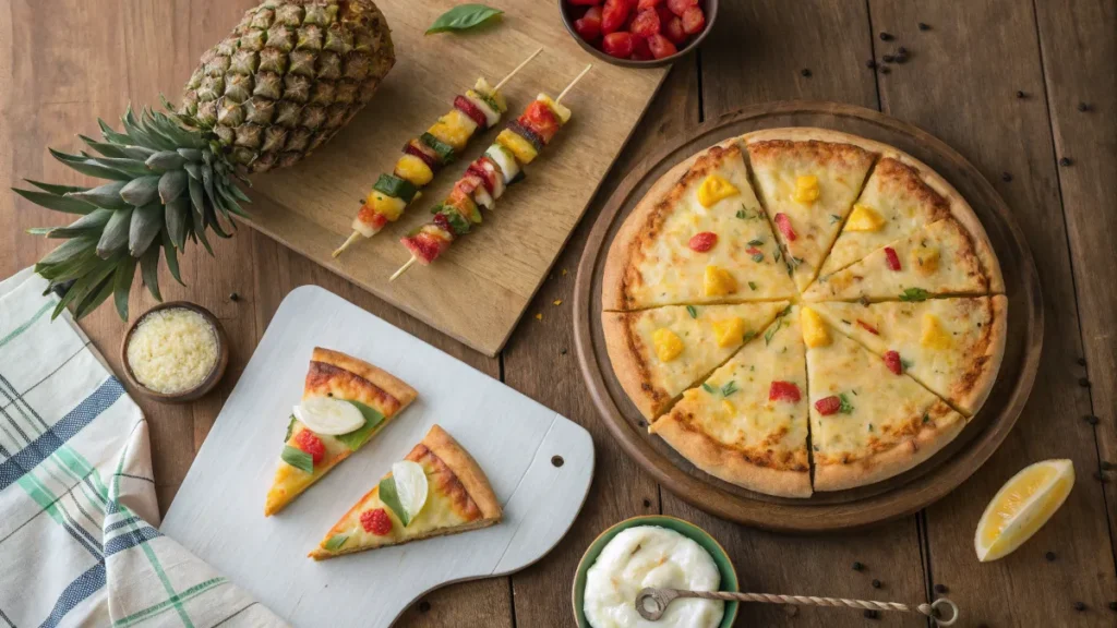 A creative flat lay of different pineapple and cheese dishes.