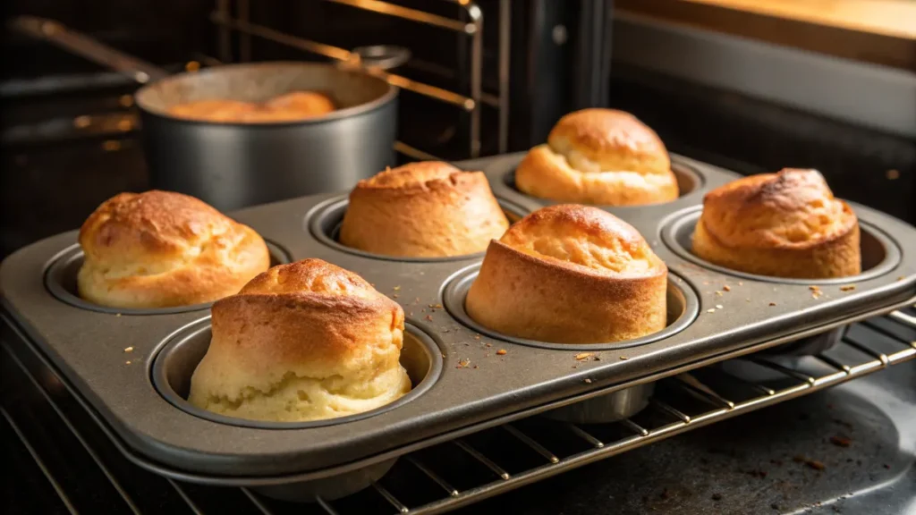 Popovers rising in a popover pan inside an oven.