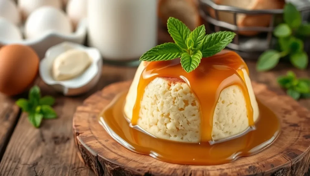 A spoonful of creamy budín de pan with caramel glaze.