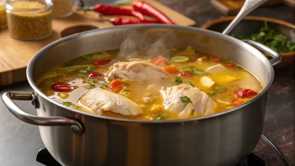  A pot of Caldo de Pollo simmering with chicken and vegetables