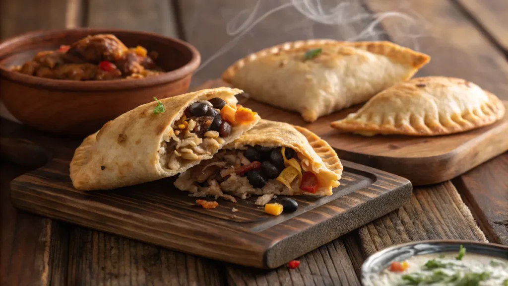 Variety of empanada fillings, including shredded beef, cheese, and plantains