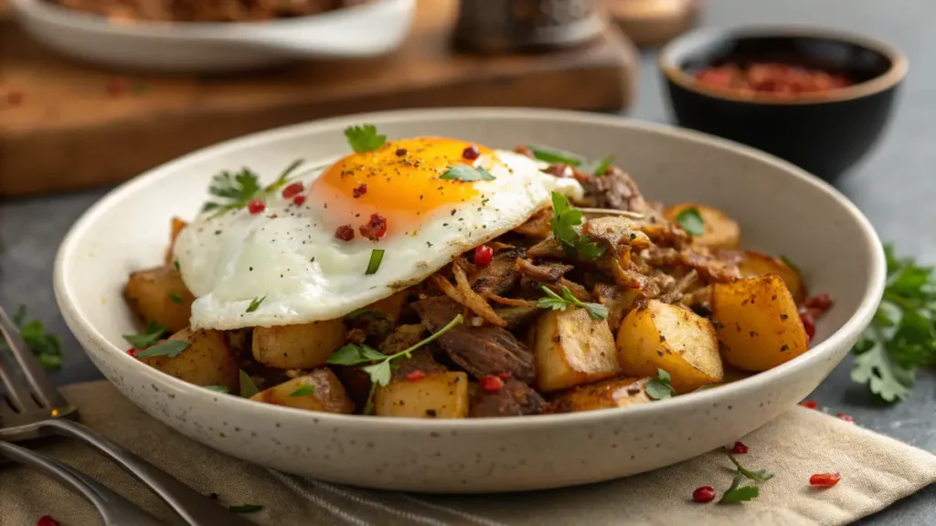 "Pork breakfast hash with potatoes and eggs"