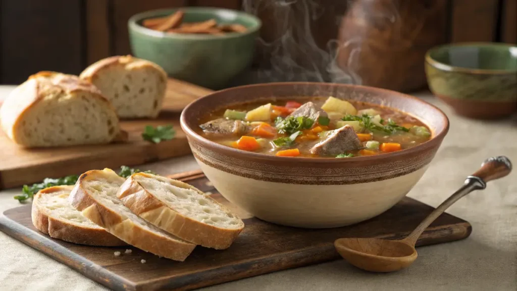 "Hearty pork and vegetable soup in a bowl"