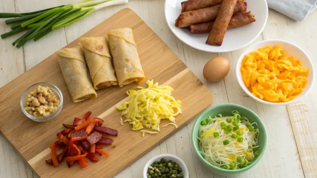 Ingredients needed to make breakfast egg rolls, including eggs, cheese, and bacon.