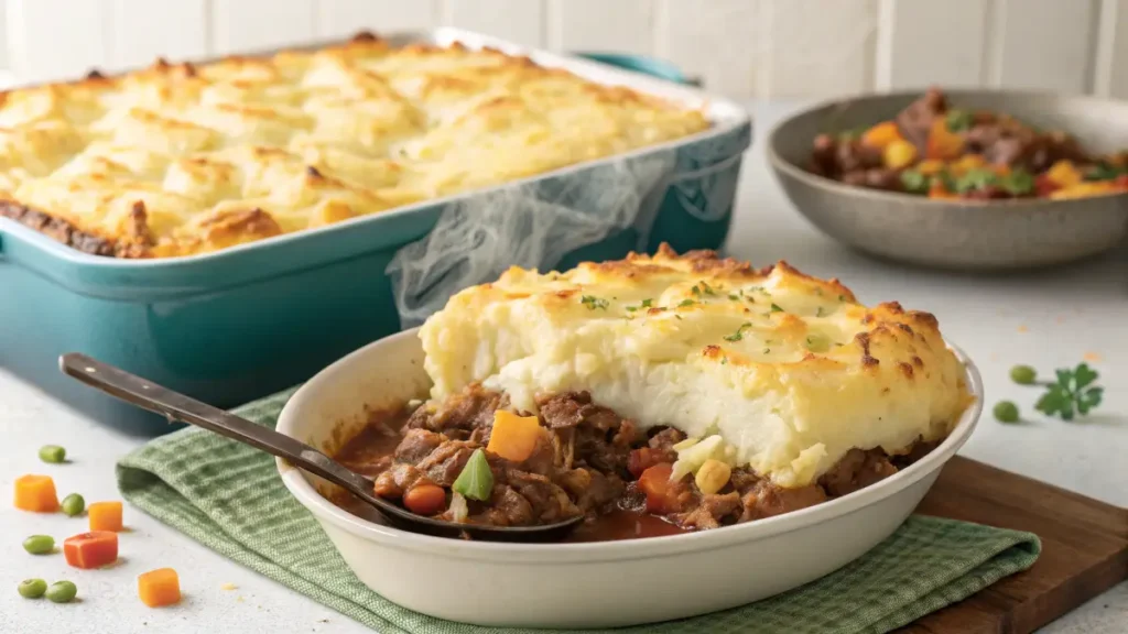 "Shepherd's pie topped with golden mashed potatoes"