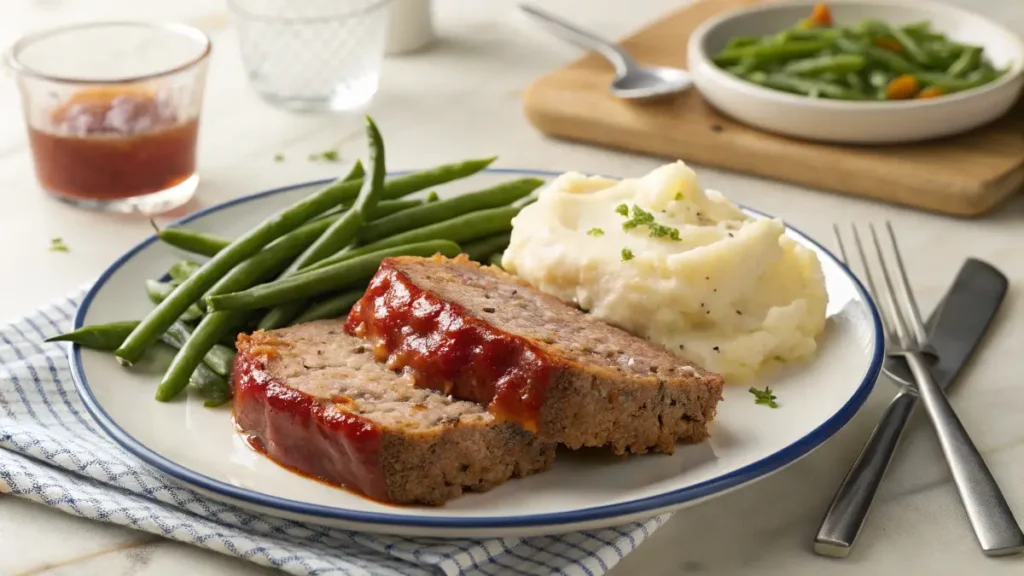  Meatloaf served with mashed potatoes and steamed vegetables on a plate