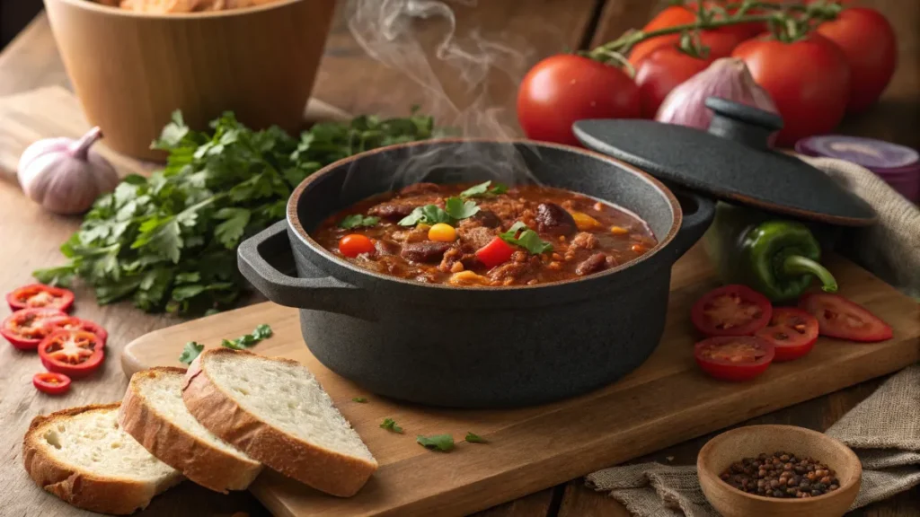 One-pot chili with fresh herbs and ingredients.