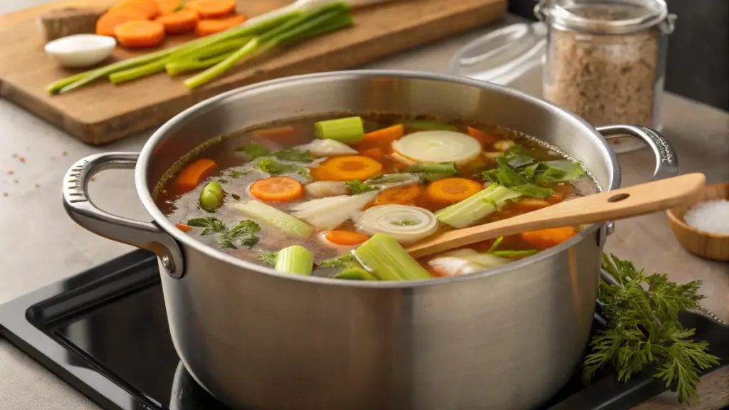 A pot of simmering chicken bone broth with foam being skimmed off the top.