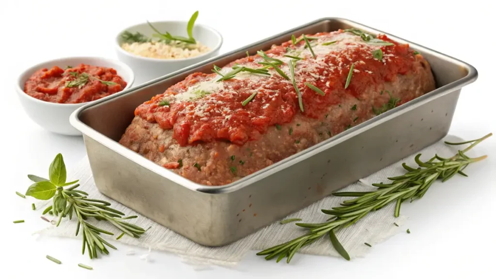 "Italian meatloaf being shaped and topped with marinara sauce before baking."