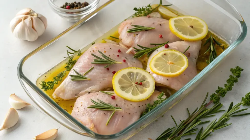  "Chicken marinating in a glass dish with lemon, garlic, and herbs."