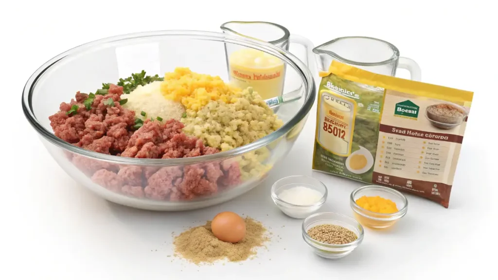  Mixing ground beef, breadcrumbs, eggs, and Lipton Onion Soup Mix in a large glass bowl