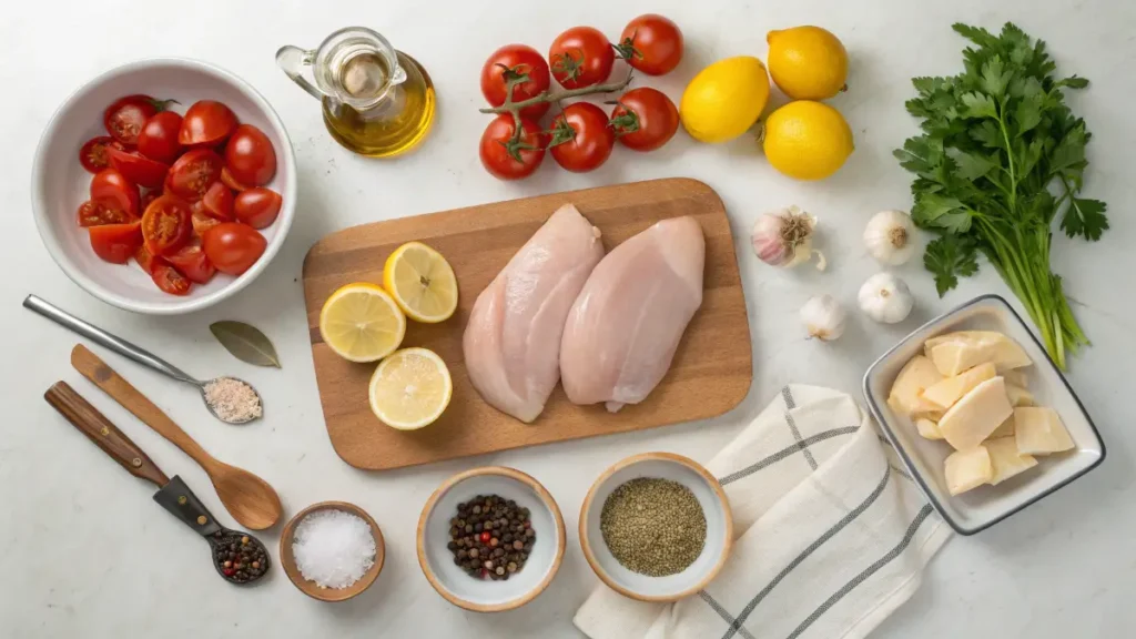 Ingredients for Alice Springs Chicken, including chicken breasts, bacon, cheese, and honey mustard sauce.