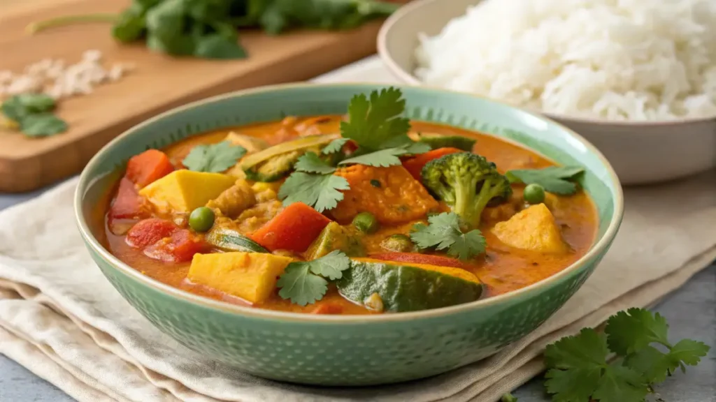 A bowl of colorful vegetable curry with rice, garnished with cilantro.