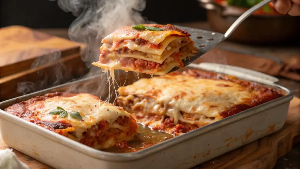 A close-up of a lasagna being cut, showing layers of pasta, cheese, and marinara sauce