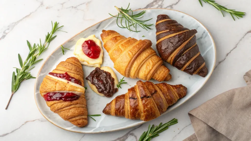 Creative variations of vegetarian croissants with different fillings like chocolate, jam, and vegan cheese.