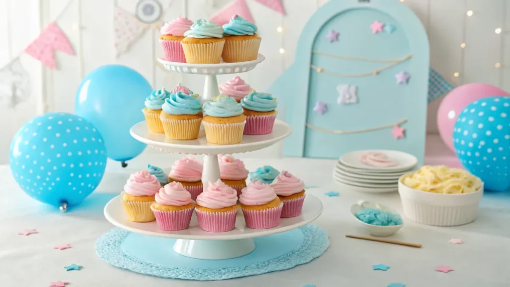 Cupcake stand with gender reveal cupcakes for a party