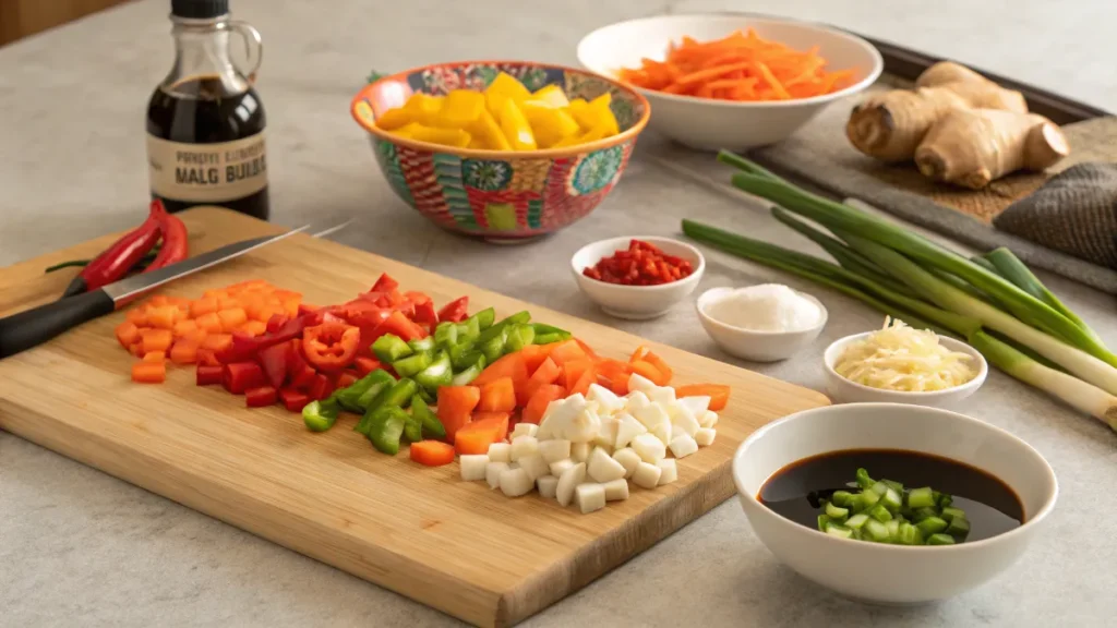 Dinner prep with chopped veggies and stir-fry ingredients on a cutting board.