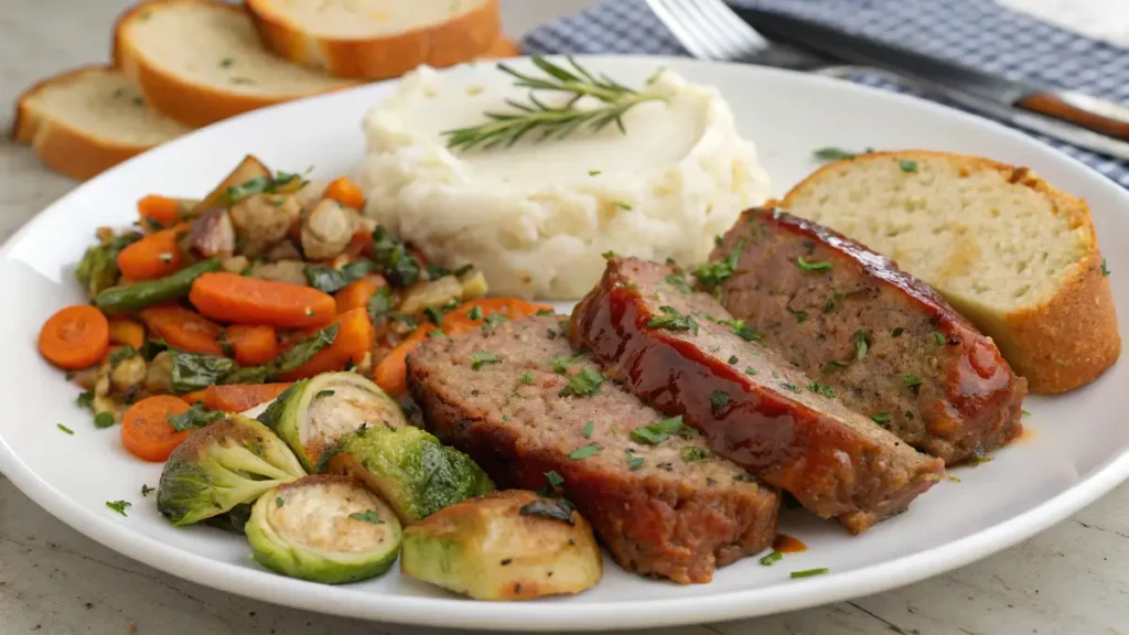 "Italian meatloaf served with mashed potatoes, roasted vegetables, and garlic bread."