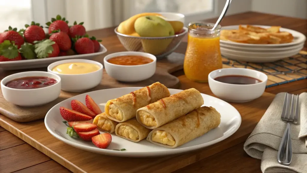 Breakfast egg rolls served with dipping sauces and fresh fruit on a table.
