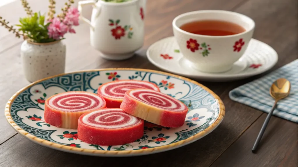 A close-up of sliced Salara served on a plate, with a cup of tea beside it