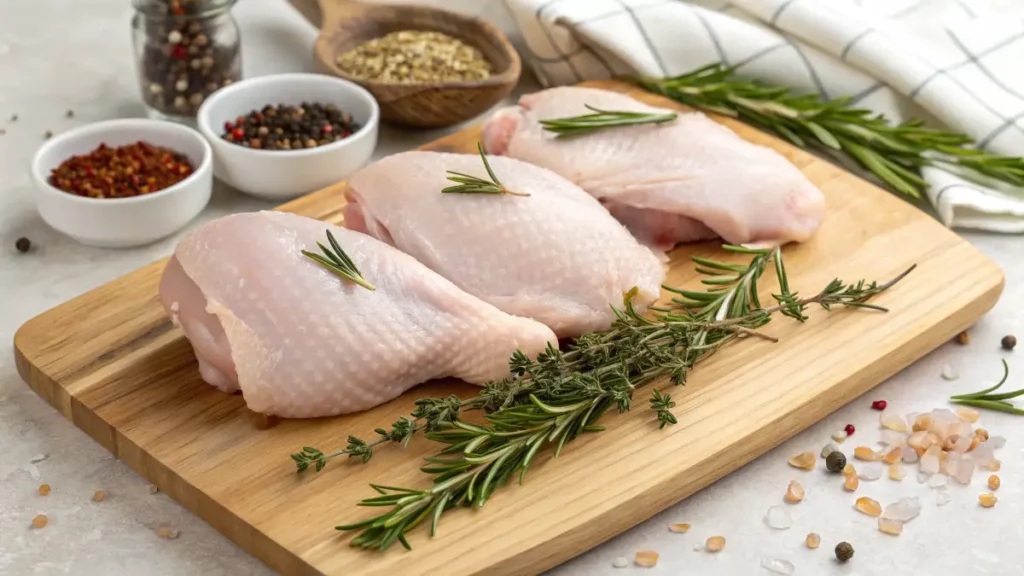 Fresh chicken on a cutting board with herbs and spices.