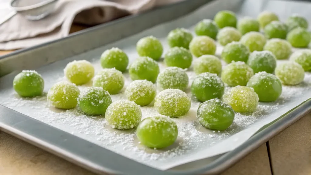 Fresh green grapes rolled in sugar and citric acid mixture, spread on a parchment-lined baking sheet.