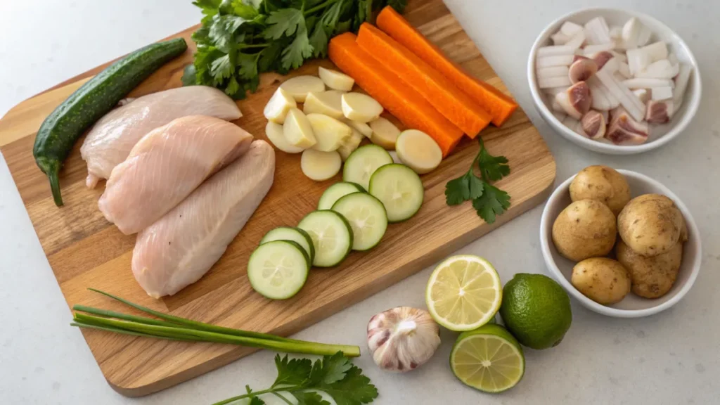 Fresh ingredients for Caldo de Pollo, including chicken, vegetables, and herbs.