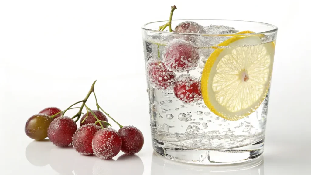 Sour frozen grapes in a glass of sparkling water.