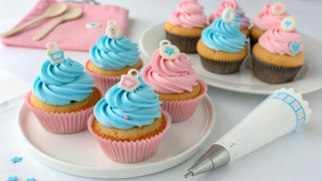 Gender reveal cupcakes with two-tone frosting and edible toppers