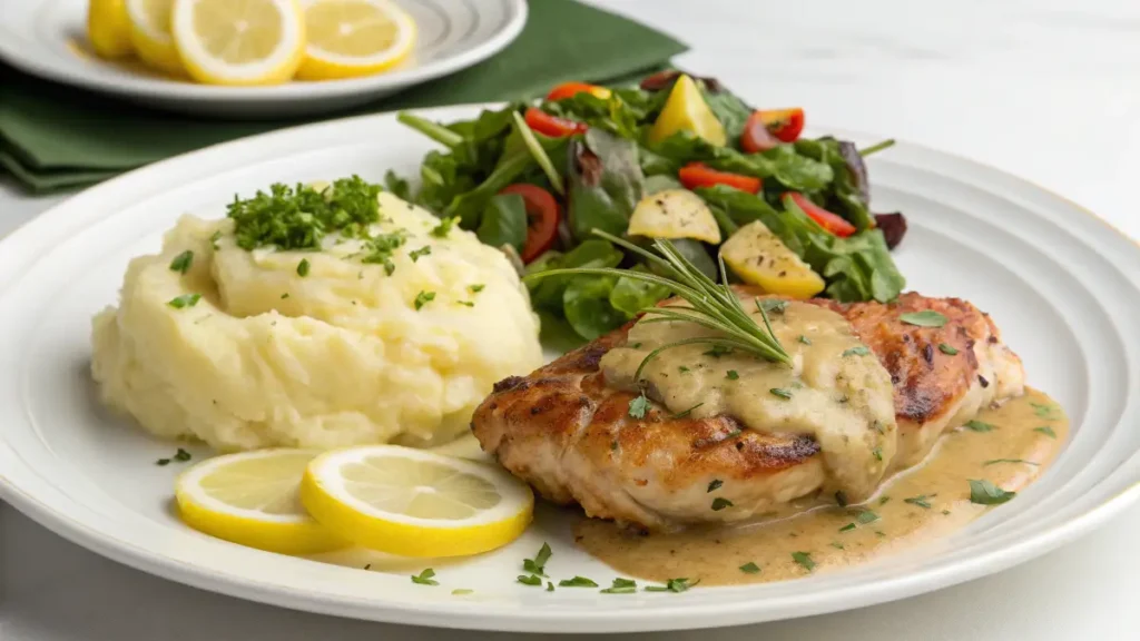 Alice Springs Chicken served on a plate with a side of mashed potatoes and a green salad.