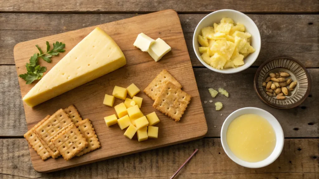 Ingredients for pineapple casserole recipe – pineapple chunks, shredded cheddar, Ritz crackers, and butter on a wooden table.