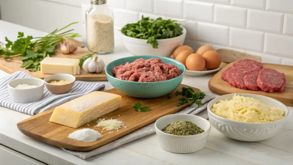 "Ingredients for Italian meatloaf, including ground beef, pork, Parmesan, breadcrumbs, marinara sauce, and Italian herbs."